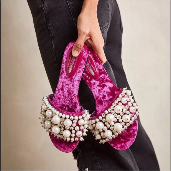 Jeffrey Campbell Shoes - Free People + Jeffrey Campbell Fuchsia Velvet Pixie Pearl Slide Sandals